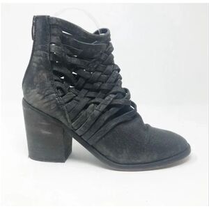 Free People 100% Leather Carrera Black Basket Weave Heel Midi Ankle Boots 7.5US